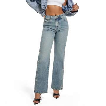 ETTELO Womens Jeans Hig Waisted Straight Leg Loose Stretchy Tummy Control Trendy Side Slit Jeans for Women 2025 (US, Numeric, 10, Regular, Regular, Medium Vintagr)