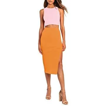 Pink Queen Women's 2 Piece Outfits Dress Set Round Neck Ribbed Tank Top Slim Party Cocktail Midi Skirt Pink Orange S