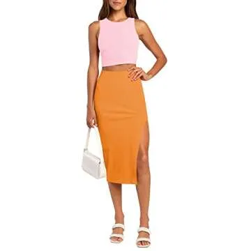 Pink Queen Women's 2 Piece Outfits Dress Set Round Neck Ribbed Tank Top Slim Party Cocktail Midi Skirt Pink Orange S