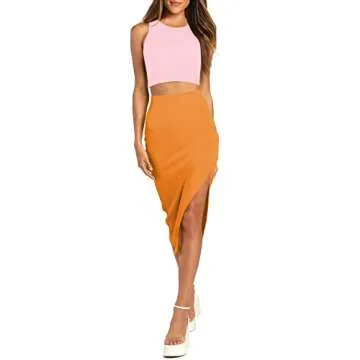 Pink Queen Women's 2 Piece Outfits Dress Set Round Neck Ribbed Tank Top Slim Party Cocktail Midi Skirt Pink Orange S