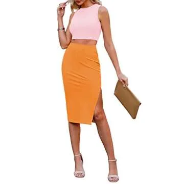 Pink Queen Women's 2 Piece Outfits Dress Set Round Neck Ribbed Tank Top Slim Party Cocktail Midi Skirt Pink Orange S