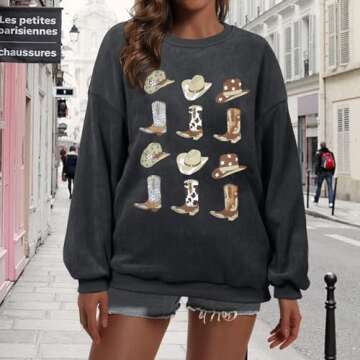 UNIQUEONE Boho Cow Skull Sweatshirt Women: Oversized Vintage Western Rodeo Graphic Tee Country Conce...