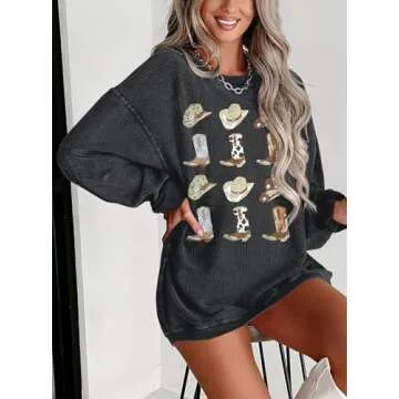UNIQUEONE Boho Cow Skull Sweatshirt Women: Oversized Vintage Western Rodeo Graphic Tee Country Concert Outfits Pullover Tops