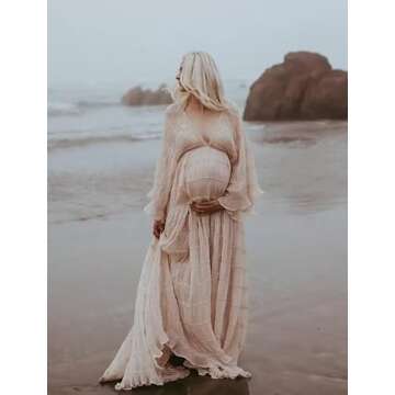 V Neck Puffy Sleeve Maternity Dress for Photoshoot Tulle Pregnancy Gown Ruched Baby Shower Dress Champagne