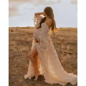 V Neck Puffy Sleeve Maternity Dress for Photoshoot Tulle Pregnancy Gown Ruched Baby Shower Dress Champagne