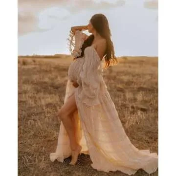 V Neck Puffy Sleeve Maternity Dress for Photoshoot Tulle Pregnancy Gown Ruched Baby Shower Dress Champagne