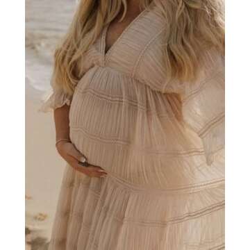 V Neck Puffy Sleeve Maternity Dress for Photoshoot Tulle Pregnancy Gown Ruched Baby Shower Dress Champagne