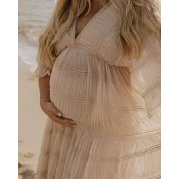 V Neck Puffy Sleeve Maternity Dress for Photoshoot Tulle Pregnancy Gown Ruched Baby Shower Dress Champagne