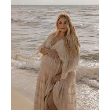 V Neck Puffy Sleeve Maternity Dress for Photoshoot Tulle Pregnancy Gown Ruched Baby Shower Dress Champagne