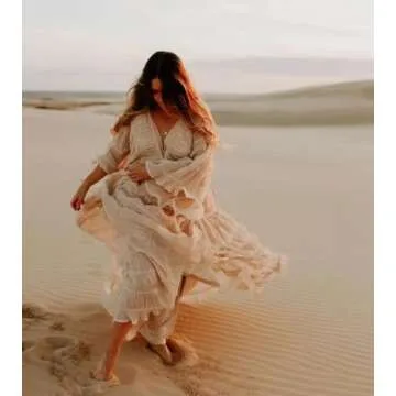 V Neck Puffy Sleeve Maternity Dress for Photoshoot Tulle Pregnancy Gown Ruched Baby Shower Dress Champagne