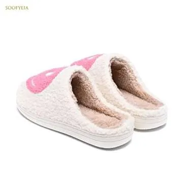 Cute Smile Face Slippers for Women and Men,Soft Plush Comfy Warm Couple Slip-On House Happy Face Slippers For Winter Indoor Outdoor Smile Slippers Non-slip Fuzzy Flat Slides White Pink 3637