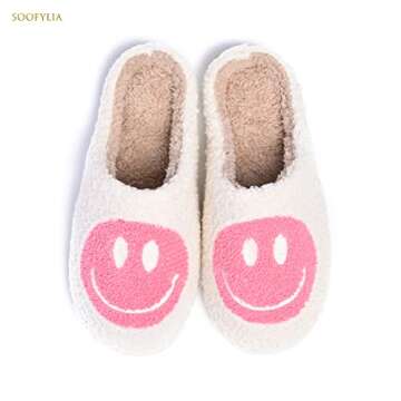 Cute Smile Face Slippers for Women and Men,Soft Plush Comfy Warm Couple Slip-On House Happy Face Slippers For Winter Indoor Outdoor Smile Slippers Non-slip Fuzzy Flat Slides White Pink 3637
