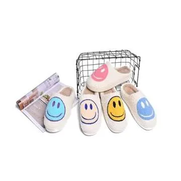 Cute Smile Face Slippers for Women and Men,Soft Plush Comfy Warm Couple Slip-On House Happy Face Slippers For Winter Indoor Outdoor Smile Slippers Non-slip Fuzzy Flat Slides White Pink 3637