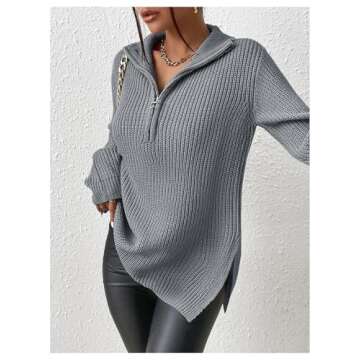 SOLY HUX Women's Long Sleeve Half Zip Sweater Ribbed Knit Drop Shoulder Slit Pullover Jumper Tops Plain Grey X-Small