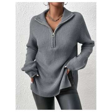 SOLY HUX Women's Long Sleeve Half Zip Sweater Ribbed Knit Drop Shoulder Slit Pullover Jumper Tops Plain Grey X-Small