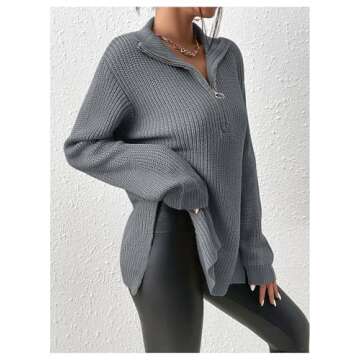 SOLY HUX Women's Long Sleeve Half Zip Sweater Ribbed Knit Drop Shoulder Slit Pullover Jumper Tops Plain Grey X-Small