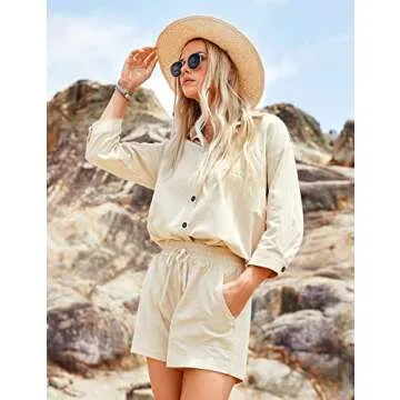 Zeagoo Women’s 2 Piece Lounge Tracksuit Outfit Sets Cotton Linen High Low Shirt and Drawstring Casual Shorts Set