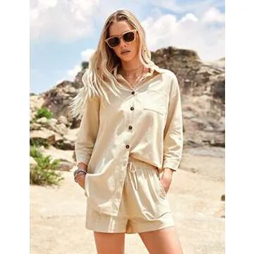 Zeagoo Women’s 2 Piece Lounge Tracksuit Outfit Sets Cotton Linen High Low Shirt and Drawstring Casual Shorts Set