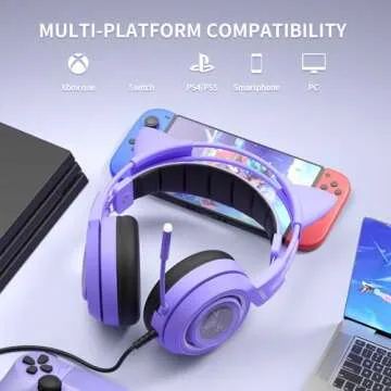 SOMIC G951S Purple Stereo Gaming Headset with Mic for PS4, PS5, Xbox One, PC, Phone, Detachable Cat Ear 3.5MM Noise Reduction Headphones Computer Gaming Headphone Self-Adjusting Gamer Headsets