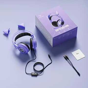 SOMIC G951S Purple Stereo Gaming Headset with Mic for PS4, PS5, Xbox One, PC, Phone, Detachable Cat Ear 3.5MM Noise Reduction Headphones Computer Gaming Headphone Self-Adjusting Gamer Headsets