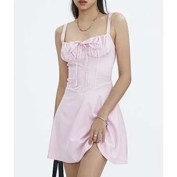 Clrisfloy Women Spaghetti Strap Bodycon Dress Pleated Ruffle Hem Sleeveless Mini Dress Low Cut Night Out Club Dresses