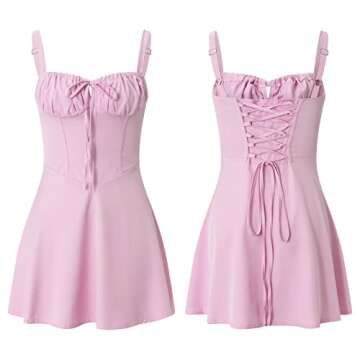 Clrisfloy Women Spaghetti Strap Bodycon Dress Pleated Ruffle Hem Sleeveless Mini Dress Low Cut Night Out Club Dresses