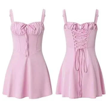 Clrisfloy Women Spaghetti Strap Bodycon Dress Pleated Ruffle Hem Sleeveless Mini Dress Low Cut Night Out Club Dresses