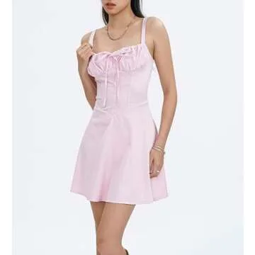 Clrisfloy Women Spaghetti Strap Bodycon Dress Pleated Ruffle Hem Sleeveless Mini Dress Low Cut Night Out Club Dresses