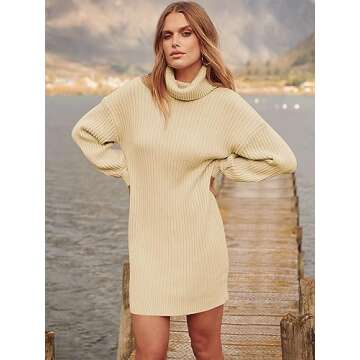 ANRABESS Women Oversized Sweater Dress Turtleneck Batwing Long Sleeve Ribbed Knit Loose 2024 Fall Winter Casual Short Dress A240xingse-S Apricot