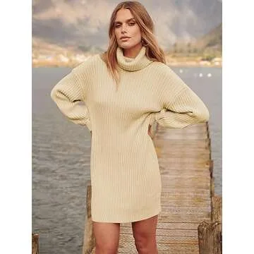 ANRABESS Women Oversized Sweater Dress Turtleneck Batwing Long Sleeve Ribbed Knit Loose 2024 Fall Winter Casual Short Dress A240xingse-S Apricot
