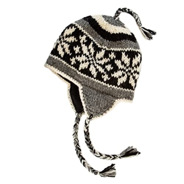 Hand Knit Sherpa Wool Unisex Hat with Micro Fleece Lining with Snowflake Pattern - Ear Flaps - Toque...