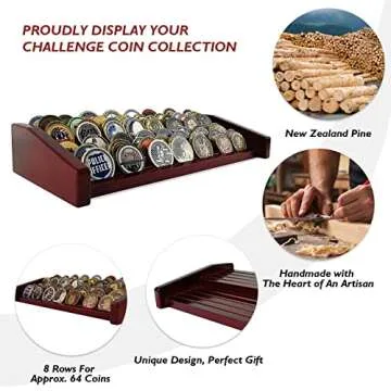 ASmileIndeep 8 Rows Military Challenge Coin Display Stand - Stylish Solid Wood Holder for Desktop