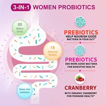 OMOGS Women's Probiotic, with Cranberry Extract, Organic Prebiotics & Vitamin C, 90 Billion CFUs,18 Strains, Help for Boost Immune, Digestive, Gut Health & Women's Health, Gluten & Soy Free,90 Tablets
