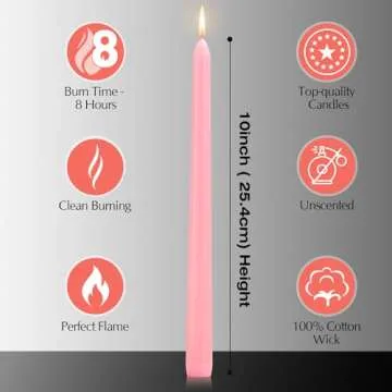 12 Pack Pink Taper Candles - Taper Candles 10 Inch Dripless, Smokeless & Unscented - 8 Hours Long Bu...