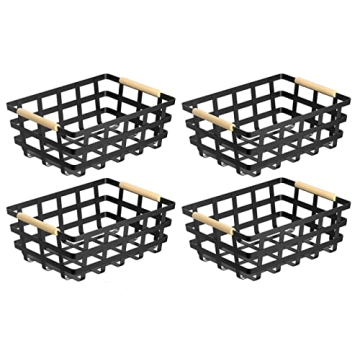 Wire Metal Baskets - Durable Storage Solution with Wooden Handles for Pantry and Home