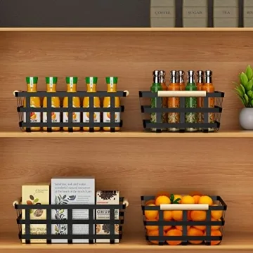 Farmhouse Style Wire Metal Storage Baskets with Wood Handles