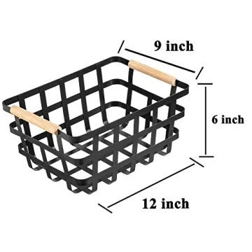 Farmhouse Style Wire Metal Storage Baskets with Wood Handles