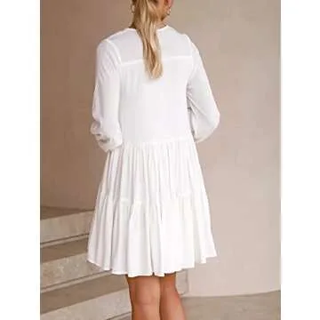 R.Vivimos Womens Fall Long Sleeve Casual Cotton Ruffle Button Down Loose Fit Mini Dress (Medium, White)