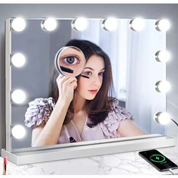 M MIVONDA Vanity Mirror with Lights, Lighted Makeup Hollywood Mirror with Dimmable 3 Color Lights LED Bulbs for Desk and Wall, Mirrors with Plug-in and USB Charger for Bedroom