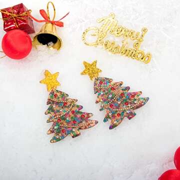 MUYAN Colored Christmas Tree Earrings for Women Glitter Gold Star Christmas Tree Dangle Earrings Holiday Jewelry