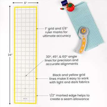Breman Precision Quilting Ruler - 6x24 Inch Clear Acrylic Ruler for Cutting Fabric - Clear Sewing Rulers and Guides for Fabric and Other Materials - Quilting Rulers