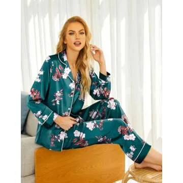 Ekouaer Silk Satin Pajamas Women's Long Sleeve Pj Set Soft Button Down 2 Piece Sleepwear Loungewear Green with White Floral,L