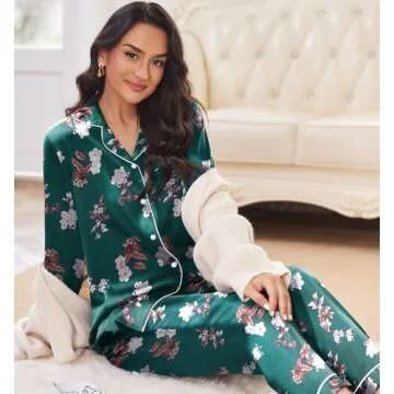 Ekouaer Silk Satin Pajamas Women's Long Sleeve Pj Set Soft Button Down 2 Piece Sleepwear Loungewear Green with White Floral,L