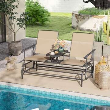 Tangkula 2 Person Swing Glider Chair, Patio Rocking Loveseat w/Center Tempered Glass Table, Outdoor ...