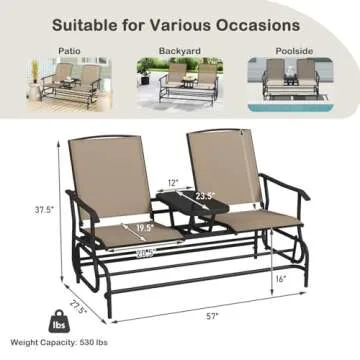 Tangkula 2 Person Swing Glider Chair, Patio Rocking Loveseat w/Center Tempered Glass Table, Outdoor Swing Bench w/Steel Frame & Breathable Mesh Fabric for Porch, Balcony, Poolside (Beige)