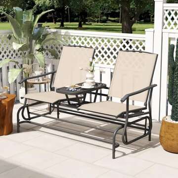 Tangkula 2 Person Swing Glider Chair, Patio Rocking Loveseat w/Center Tempered Glass Table, Outdoor Swing Bench w/Steel Frame & Breathable Mesh Fabric for Porch, Balcony, Poolside (Beige)