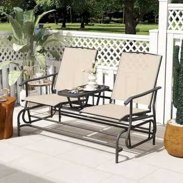 Tangkula 2 Person Swing Glider Chair, Patio Rocking Loveseat w/Center Tempered Glass Table, Outdoor Swing Bench w/Steel Frame & Breathable Mesh Fabric for Porch, Balcony, Poolside (Beige)