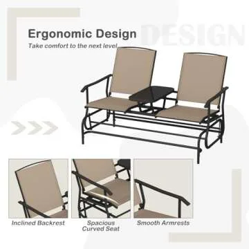 Tangkula 2 Person Swing Glider Chair, Patio Rocking Loveseat w/Center Tempered Glass Table, Outdoor Swing Bench w/Steel Frame & Breathable Mesh Fabric for Porch, Balcony, Poolside (Beige)