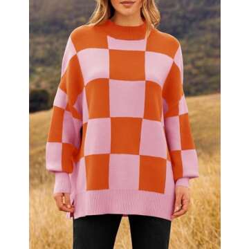 ZESICA Women's Winter Oversized Sweaters Long Sleeve Color Block Mock Neck Side Slit Comfy Loose Kni...