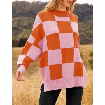 ZESICA Women's Winter Oversized Sweaters Long Sleeve Color Block Mock Neck Side Slit Comfy Loose Knitted Pullover Tops,Orange,Large